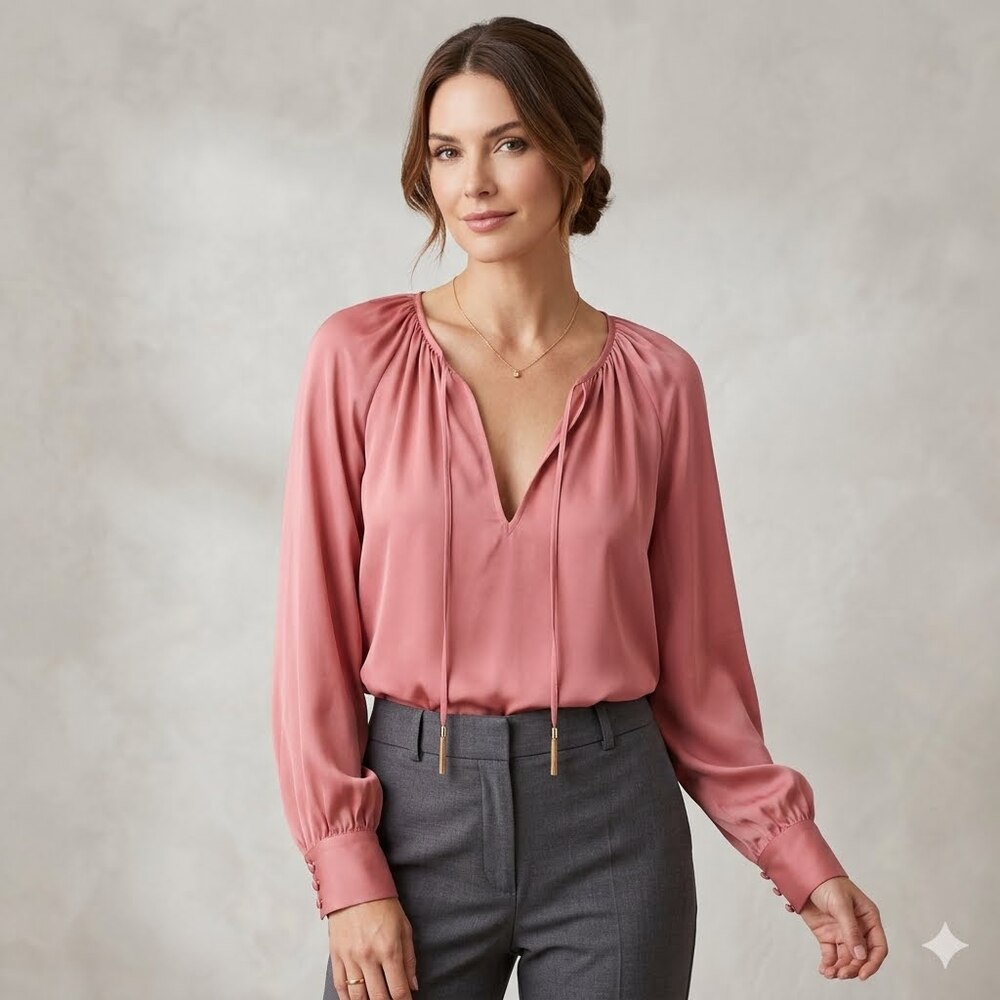 L’Academie Los Angeles Pink Tie Neck Blouse XL Long Sleeve EUC